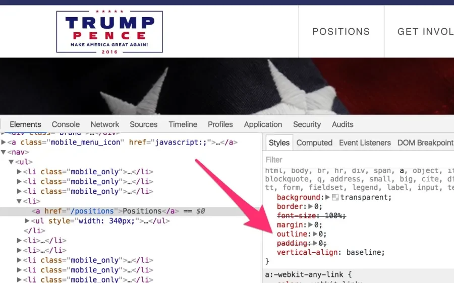 Disabled outline on elements on Trump's website