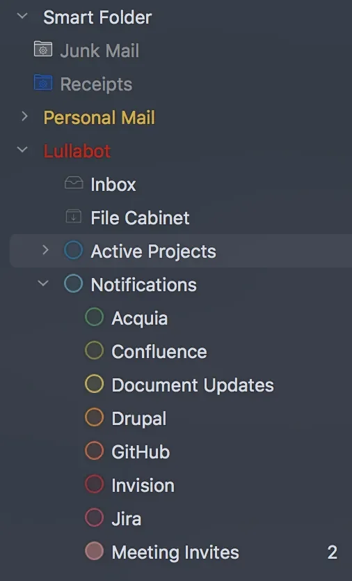 Detailed folder structure in an Airmail email client.