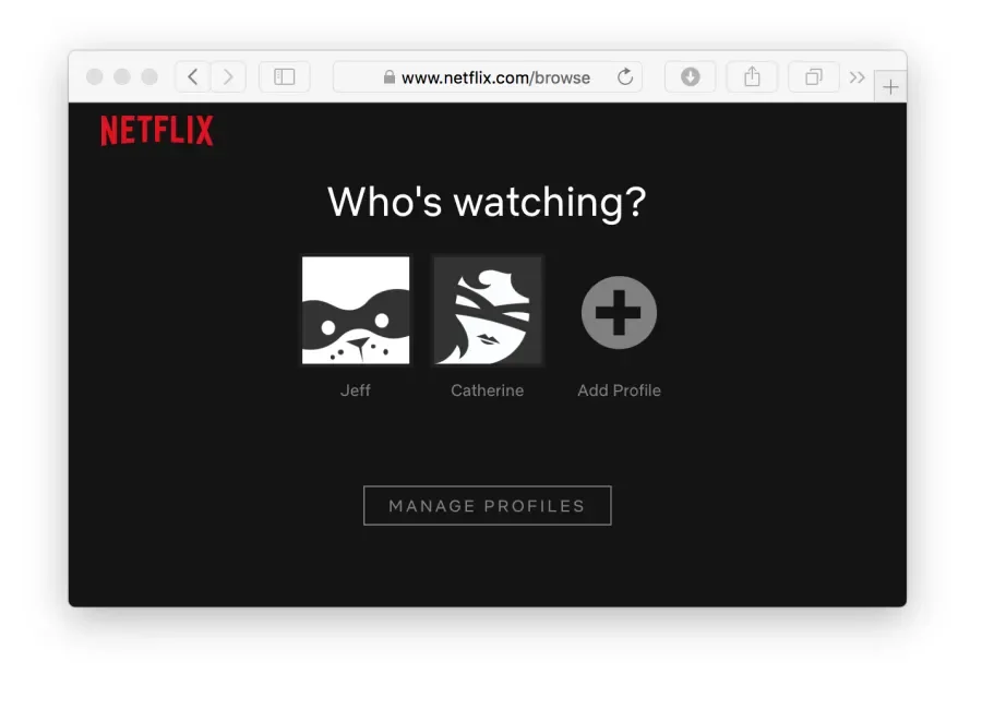 A picture of the Netflix login page, with two user profiles to choose from.
