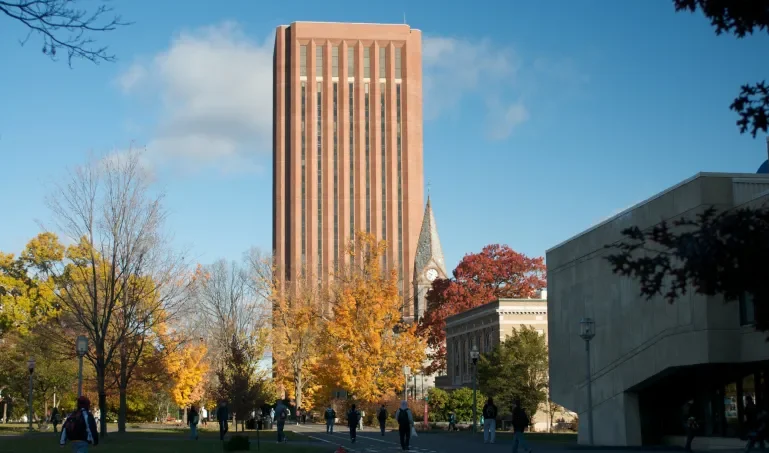 Tall brown building on the UMass Amherst campus surrounded by trees and a blue sky in the background.