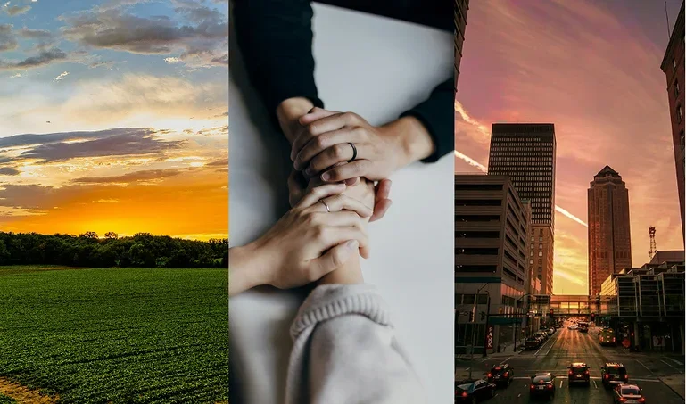 A three-panel image showing an Iowa landscape at sunset, hands reaching out in support, and a city street at dusk, representing community, care, and urban life across the state.