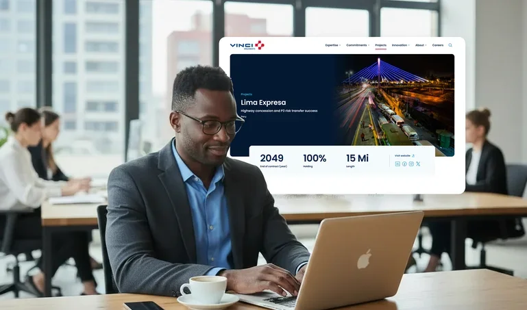 Professional viewing the VINCI Highways website on a laptop, with a project profile showcasing the company's global digital platform.