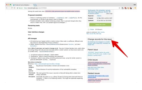 Showing a Drupal core issue with links to the corresponding change record in the sidebar