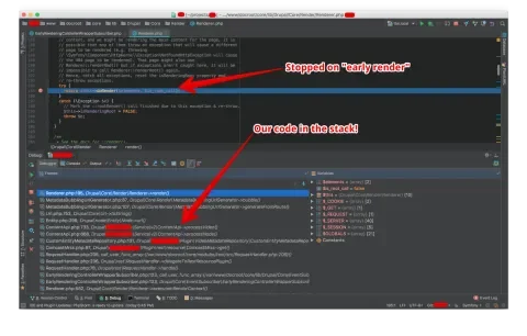 Xdebug screenshot, stopped on the render method showing our code triggering early rendering