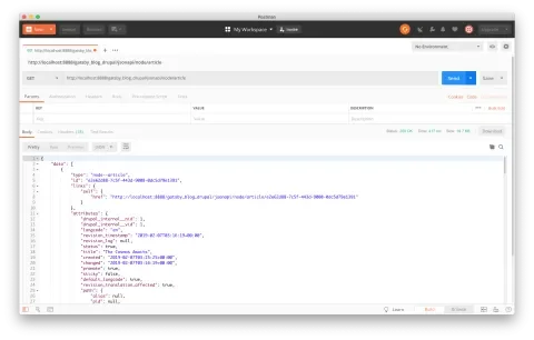 Postman application showing article JSON returned from Drupal