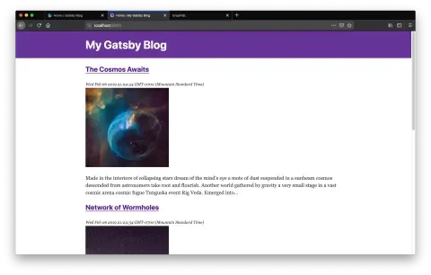 Completed blog showing article list in browser