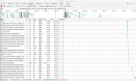 Screenshot of Chrome Developer Tools’ network tab profiling usatoday.com showing 767 HTTP requests and over 11MB data transferred (March 2019)