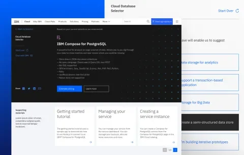 A mock up of the IBM selector tool showing a description of the IBM Compose for Postgre SQL