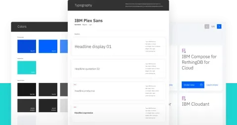 Design components for the IBM Cloud Selector Tool including fonts and a color palette.