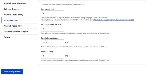 Quicklinks 2.0 configuration page, showing the throttle options.