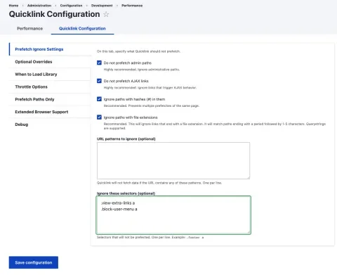 Quicklinks 2.0 configuration page, showing the ignore settings