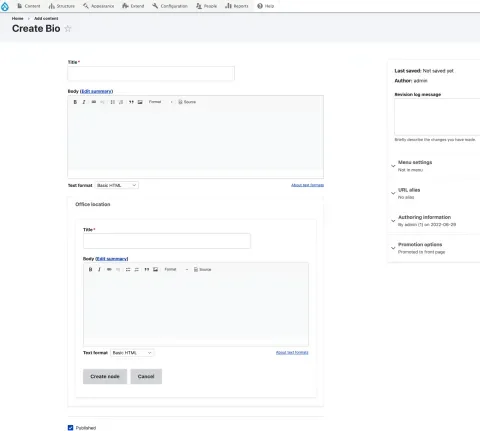 Create a bio with inline entity form used for the location field