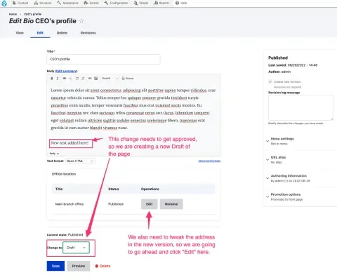 Editing a bio and creating a new draft with some added text. We also need to tweak the address in the new version, so we are going to go ahead and click "Edit" on the entity reference field to edit the office location.