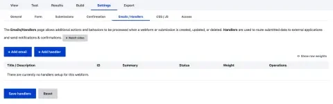 The Emails and handler settings page of a Webform