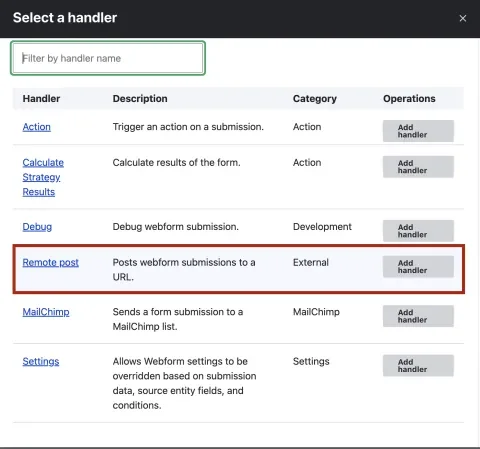 A list of handlers to add to a Webform, with Remote Post highlighted in red