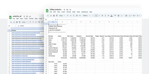 Excel spreadsheets with UMass Amherst's website analytical data.