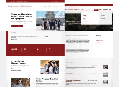 Screenshots of UMass Amherst's website for the College of Social and Behavioral Sciences.