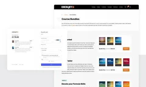 Screenshot of Exceljet's cart checkout screen showing items on the left and fields for shipping and payment information on the right, overlayed over a course bundle page