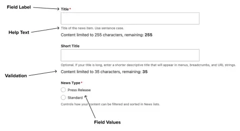 Example form showing the different types of words used to guide authors. Labels, help text, validation, field value options, and more.