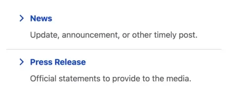 Links to choose to create News or Press Release, with only a basic description