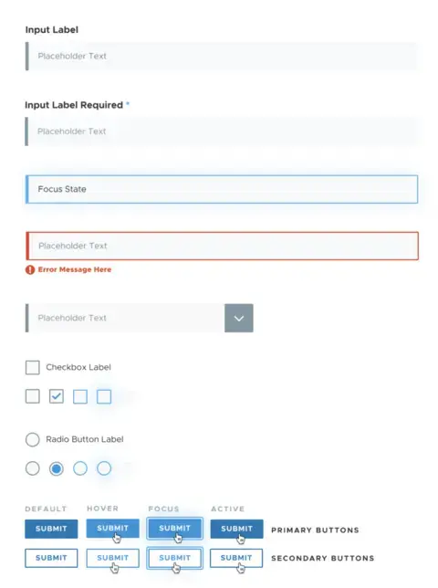 Base components of a design system - checkboxes, text fields, radio button, and buttons