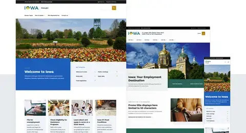 Three different Iowa websites at different screen sizes.