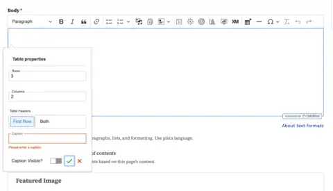 A table dialogue in CKEditor 5 showing the Caption field as required