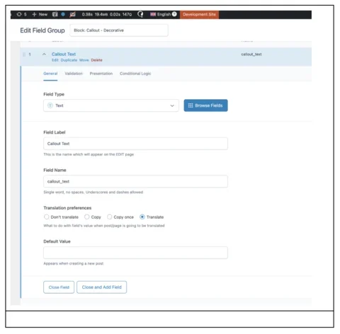 Screenshot of field editing within custom blocks in Gutenberg.