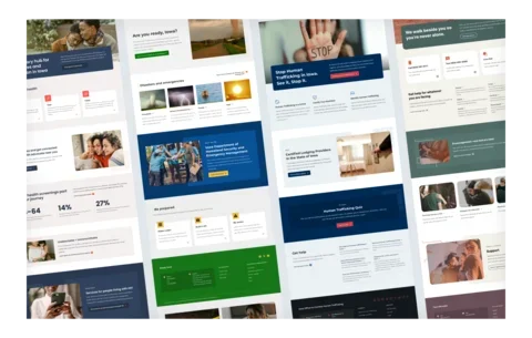 A collage of multiple Iowa public service website pages displayed at angles, showcasing sections for HIV services, emergency preparedness, human trafficking prevention, and mental health support, with consistent layouts, imagery, and calls to action across different programs.