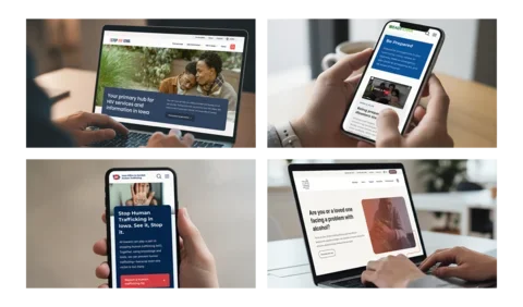 A four-panel collage showing Iowa public service websites in use: a laptop displaying the Stop HIV Iowa homepage, a smartphone showing Ready Iowa emergency preparedness content, a phone with the Stop Human Trafficking in Iowa site and reporting tools, and a laptop featuring the Your Life Iowa site with resources for alcohol-related support.