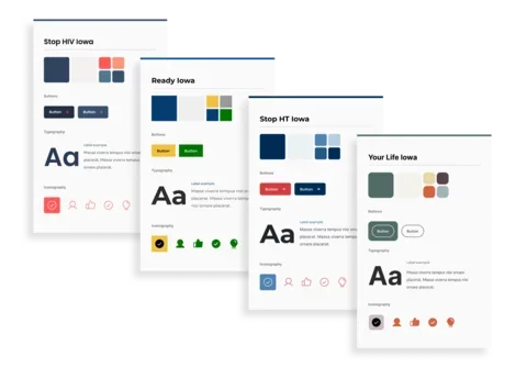 A layered display of four design system panels for Iowa state programs—Stop HIV Iowa, Ready Iowa, Stop IT Iowa, and Your Life Iowa—each showing distinct color palettes, button styles, typography, and iconography while maintaining a consistent layout and structure across all sites.