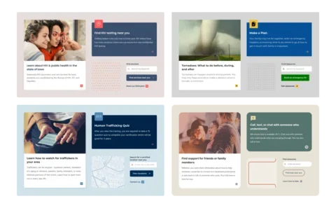 A collage of UI components from Iowa public service websites, featuring cards and modules for HIV testing resources, emergency preparedness planning, human trafficking awareness and quizzes, and mental health support—each combining imagery, concise content, search tools, and calls to action within a consistent design system.