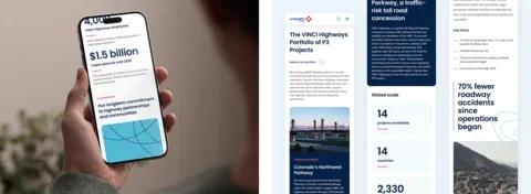 VINCI Highways mobile website showcasing project information, company statistics, and responsive design for users on the go.