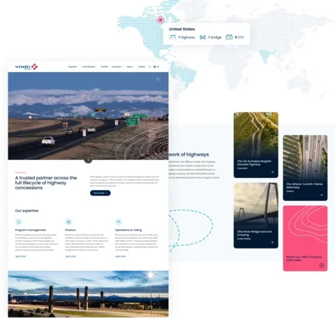 VINCI Highways website featuring a global project portfolio, interactive world map, and infrastructure project showcases across multiple countries.