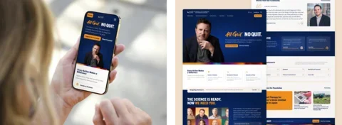 Side-by-side views of The Michael J. Fox Foundation for Parkinson’s Research website, showing the “All Grit. No Quit.” campaign on a smartphone and desktop screens. The responsive design features campaign messaging, donation options, community stories, and Parkinson’s research resources.