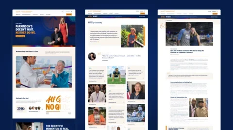 Three desktop website designs for The Michael J. Fox Foundation’s “All Grit. No Quit.” campaign, showing a campaign landing page, community stories featuring people affected by Parkinson’s, and an individual story page. The designs feature navy blue and orange branding, photography, donation calls to action, and campaign messaging.