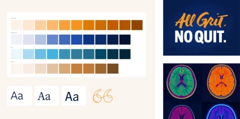 Brand identity and design system elements for The Michael J. Fox Foundation’s “All Grit. No Quit.” campaign, featuring color palettes, typography, decorative quotation marks, campaign lettering, and colorful brain scan imagery.