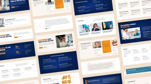 A collage of reusable website components from The Michael J. Fox Foundation’s “All Grit. No Quit.” design system, featuring content cards, image and text layouts, testimonials, research information, calls to action, and donation sections in navy blue, orange, and cream.