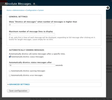 Screenshot of Absolute Messages configuration screen
