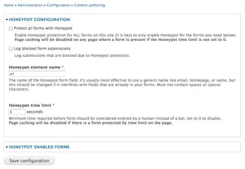 Honeypot configuration form