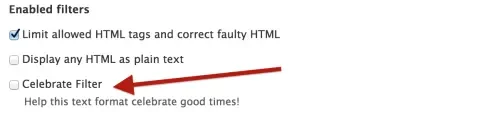 The Celebrate Filter showing up in the text format settings