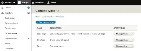 Admin screen to manage content types.