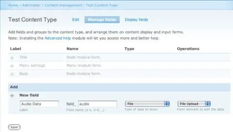 Drupal create audio field screenshot