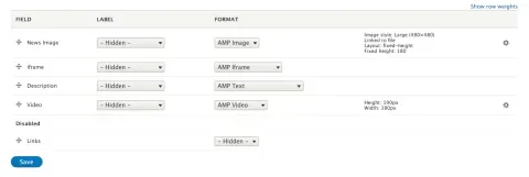 Field formatter settings for AMP display mode: list of fields and the AMP field formatters selected for each