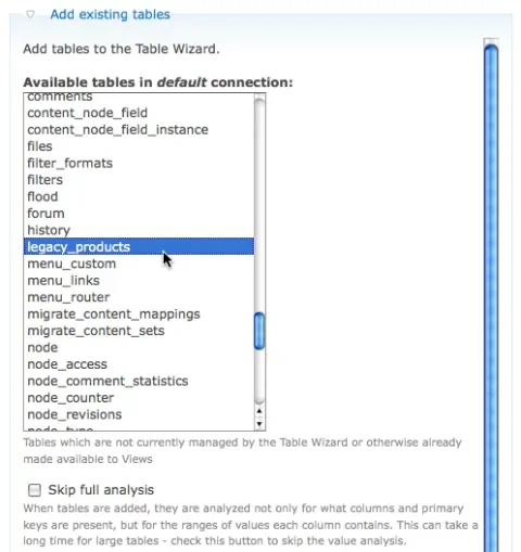 A selection of available tables for adding.