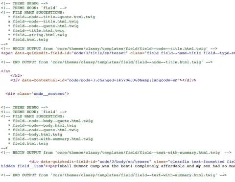 Drupal page output including Twig debugging information.