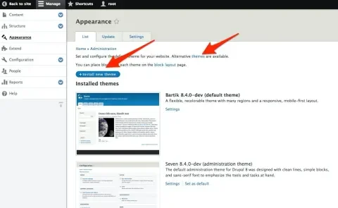 Drupal user interface for enabling themes