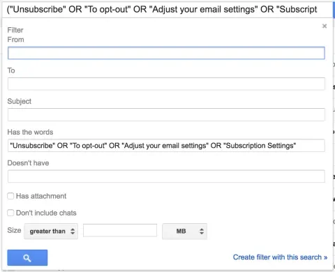 Gmail filter to search the body for subscription keywords.