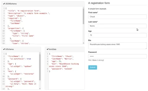 Code showing a form split into different data models and updating a Bootstrap-based form in real-time