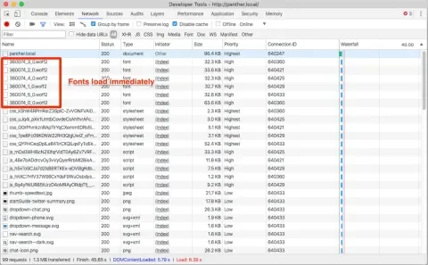 Devtools network tab showing fonts downloading immediately after document